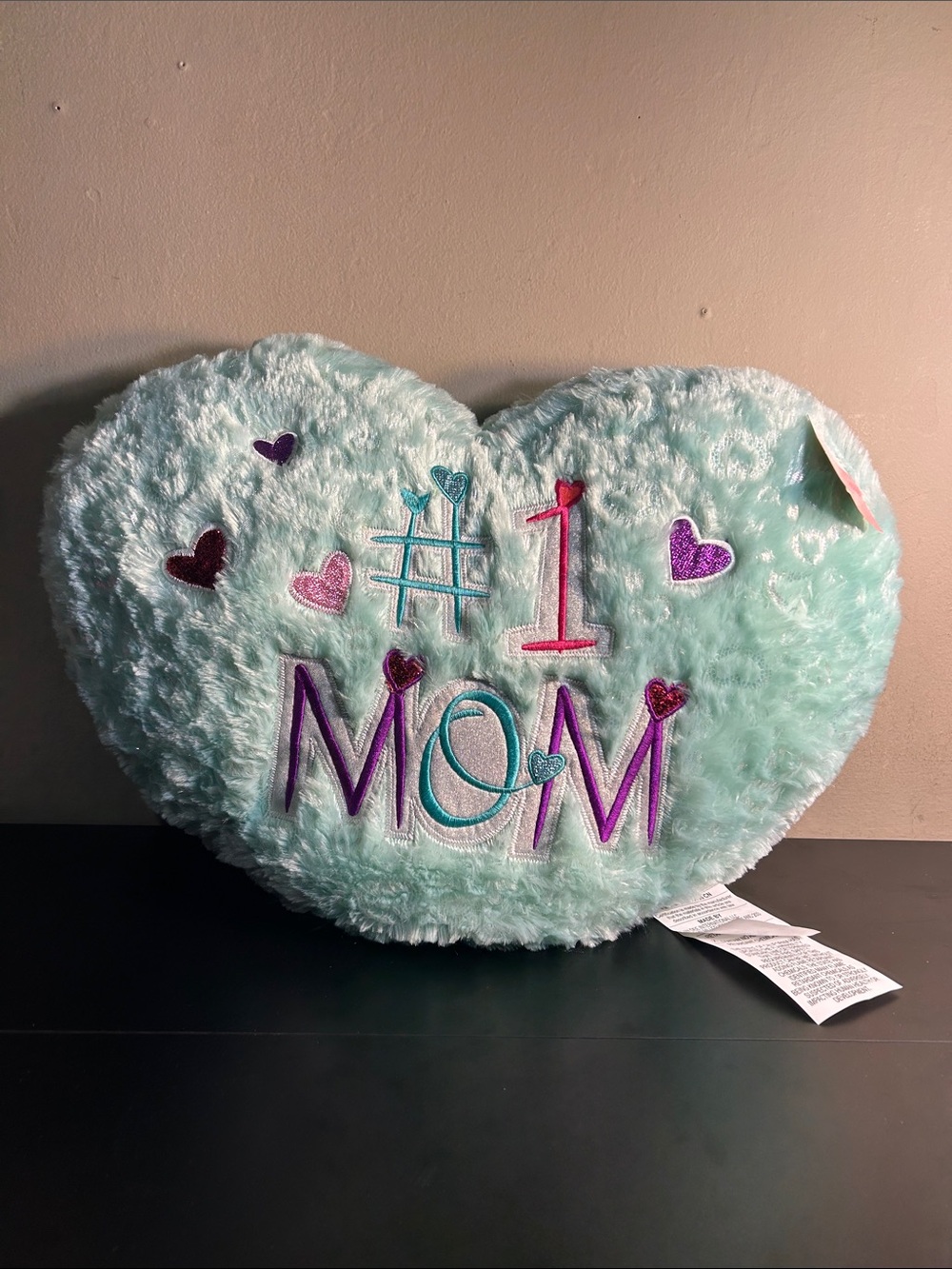 #1 Mom Plush Heart Pillow - Aqua with Purple & Pink Accents New with Tags.